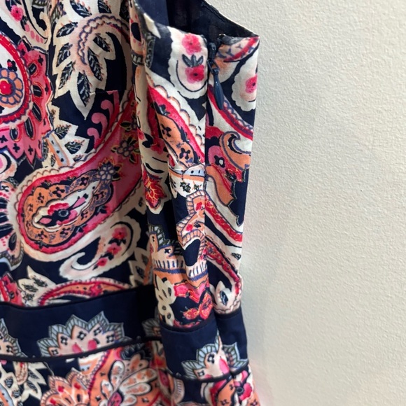 TALBOTS Sz 16P Pleated Lined 100% Cotton Navy and Pink Paisley Knee Length Dress - Picture 11 of 12